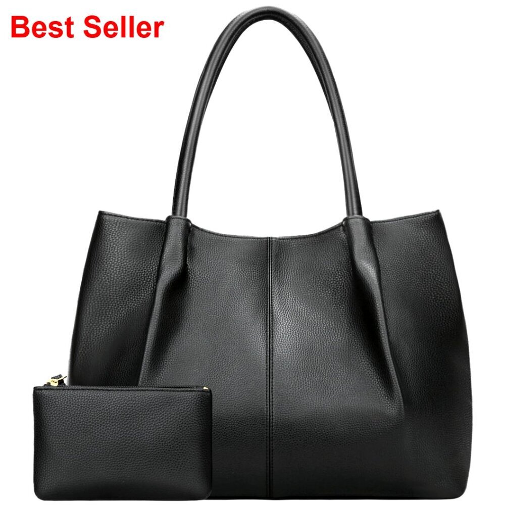 Large Vegan Leather Tote Bag with Zipper Pockets for Laptop and Travel